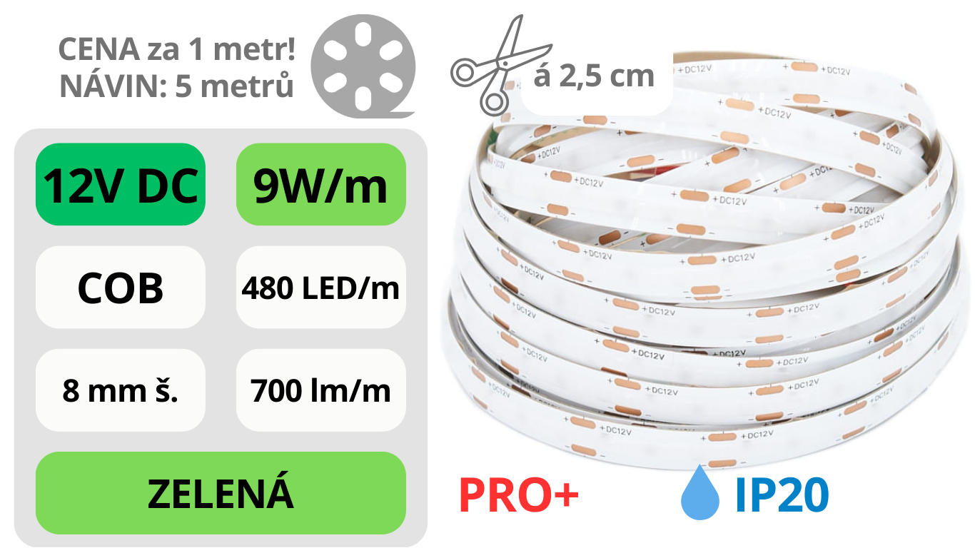 LED pásek COB 12V / 480LED / 9W / ZELENÁ / IP20 / 8mm / PRO+